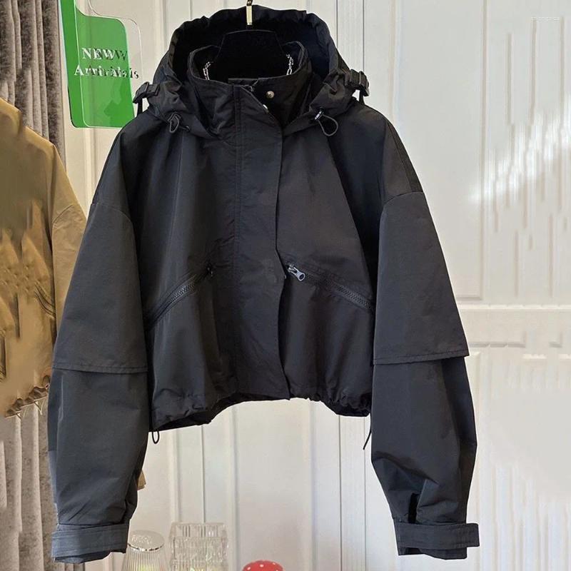 Women's Jackets Autumn Quality Hooded Bomber Jacket Casual Short Cargo Coat For Woman Zipper Pocket Khaki Baseball Female Outwear