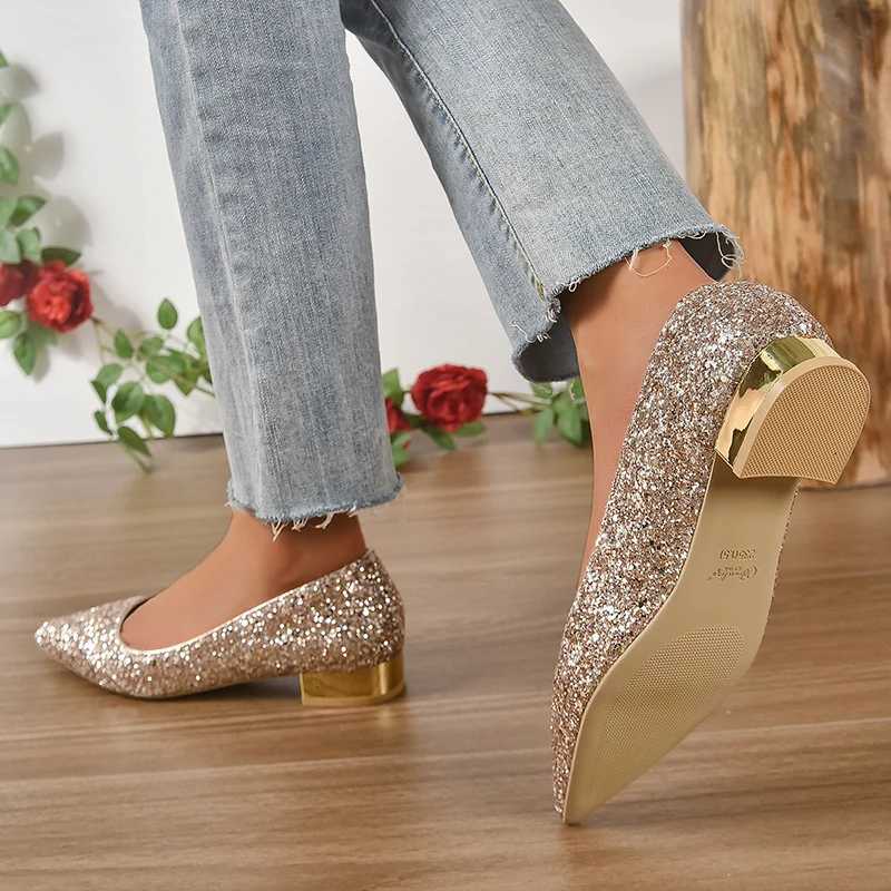 High Quality Gold Low Heels Pumps Women Spring Shiny Glitter Pointed Toe Party Shoes Womens Plus Size Simple Thin Heeled Bride Shoes T241024