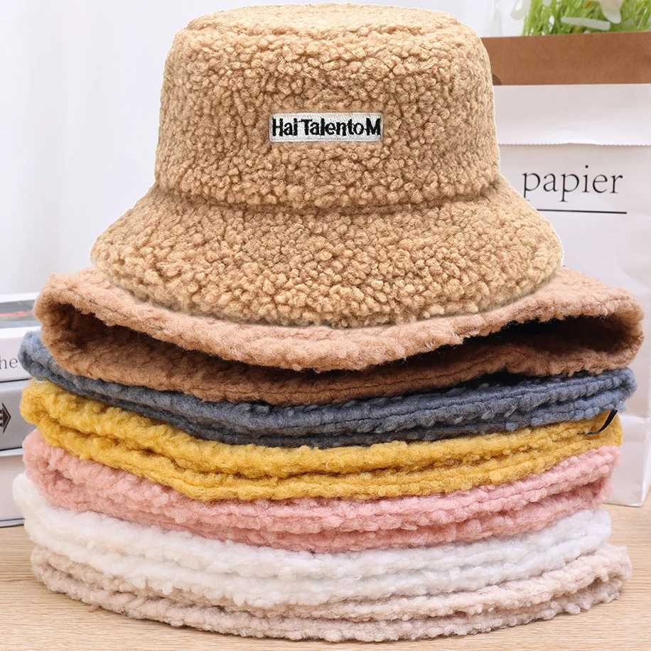 Thicken Wool Faux Fur Bucket Hat Plush Warm Fisherman Hat Outdoor Windproof Panama Bowl Hats Street Cold -proof Cap Women HatsX241025