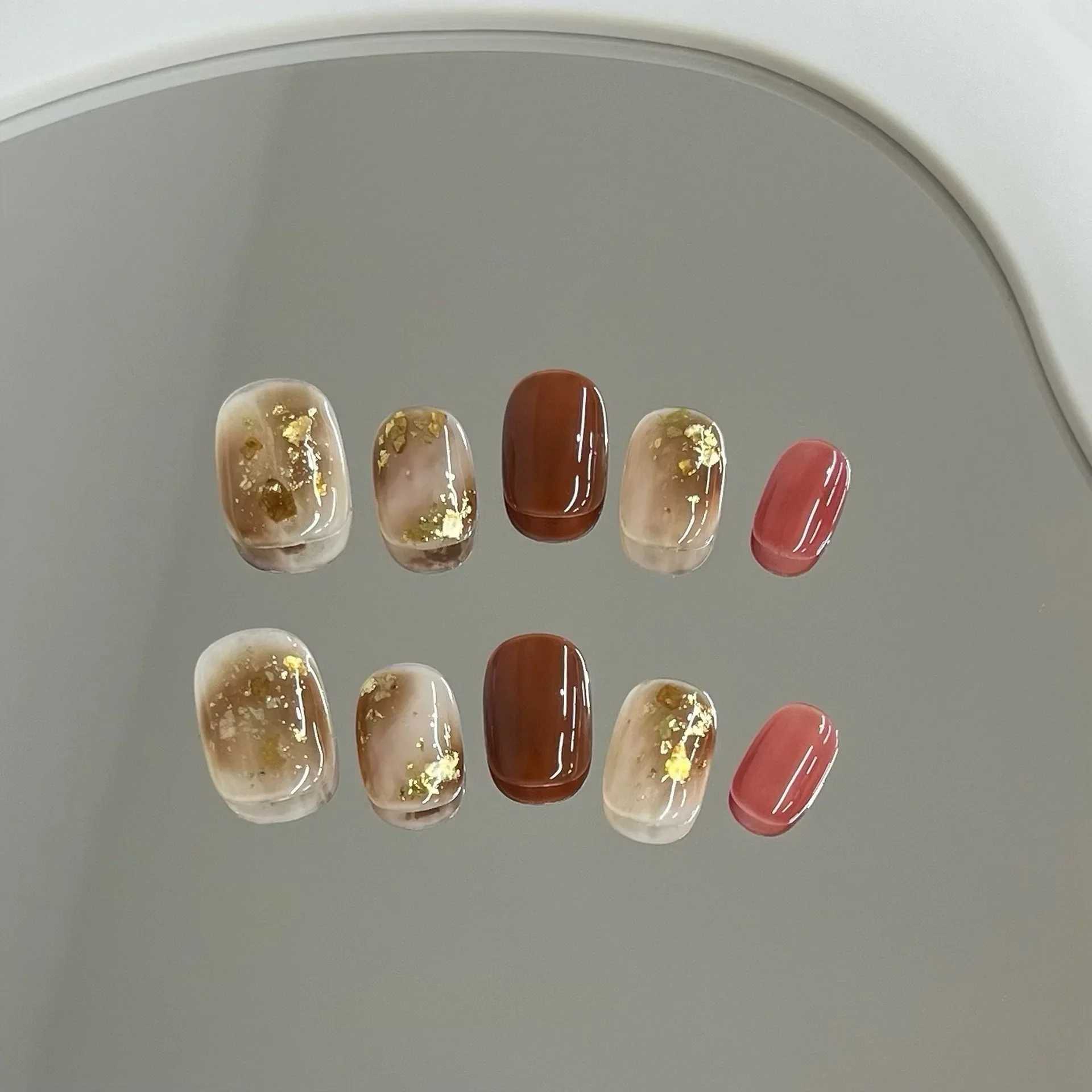 10Pcs French Handmade Press on Nails Flower Fake Nails Short Wearable Stick-on Nails Full Cover False Nail Uas Postizas XJ241025