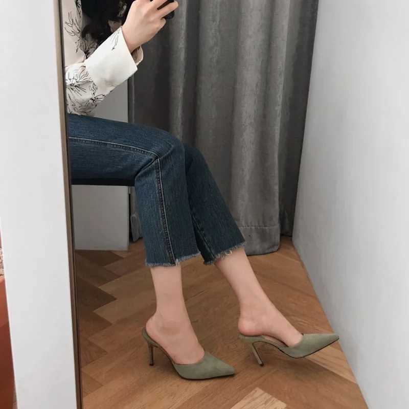 High Quality Sexy Niglub High Heels New Outerwear Half Slippers Suede Fine Heels Pointed Fi Womens Shoes T241024