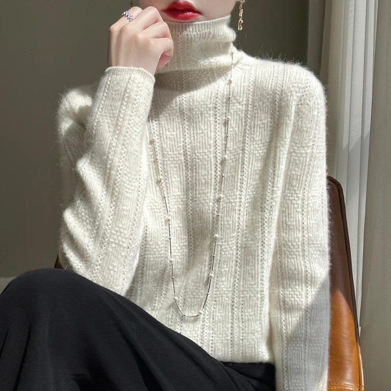 High Neck 100%Merino Wool Sweater Womens Hollow Out AutumnWinter Solid Color Diamond Warm And Soft Knit Jumper Top 241021