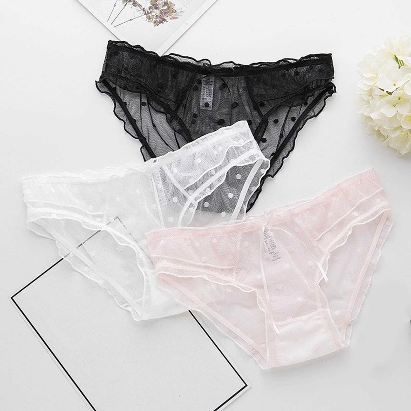 2025 New designer polka dot lace mesh fringe underwear low waist trend breathable underwear plain women s color