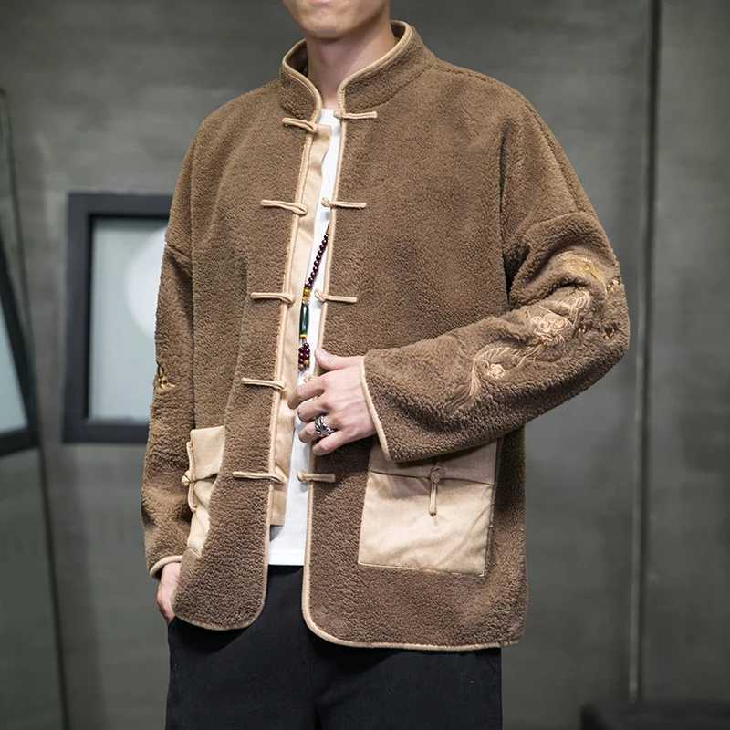2023 autumn winter mens cashmere cotton padded jacket mens dragon embroidery Parkasmens warm velvet coat Chinese style Parkas W241024