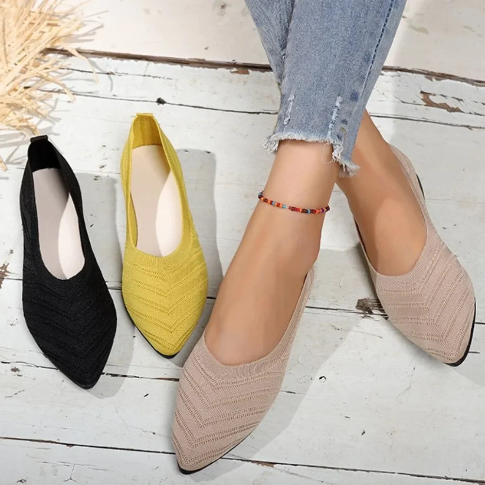 Womens Pointed Toe Flat Shoes Solid Color Knitted Slippers Casual Breathable Ballet Flat Shoes Womens Flat Shoes 241024
