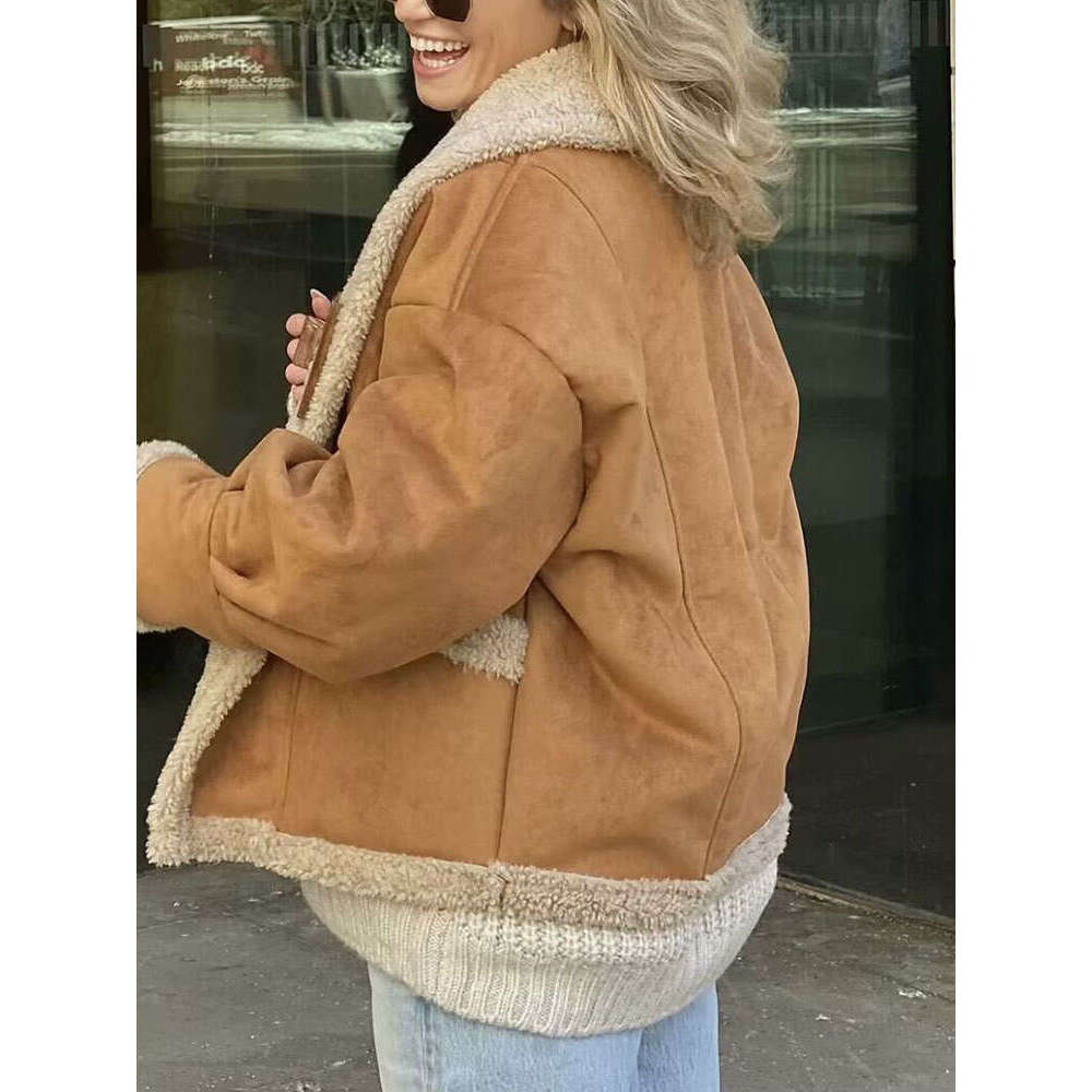 Woman Vintage Jacket Fleece Pocket Casual Long Sleeve Coat 2024 Ladies Autumn Warm Thicken High Street Elegant Outwear Chic