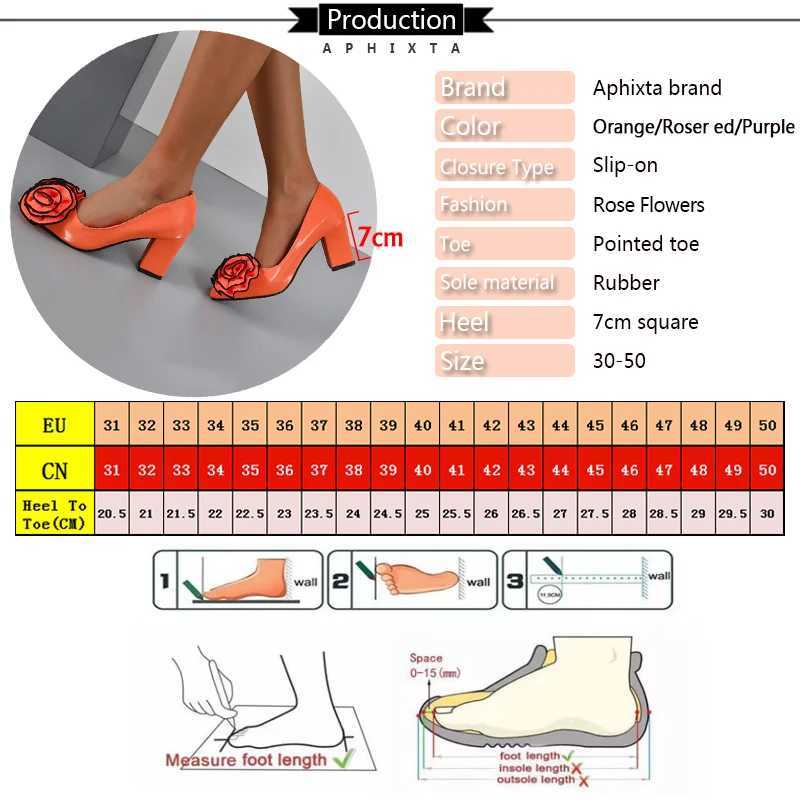 High Quality Aphixta Orange Rose 7cm Square Heel Pump Womens Shoes Student and Adult Pointed Toe Super Large Size 30-50 T241024