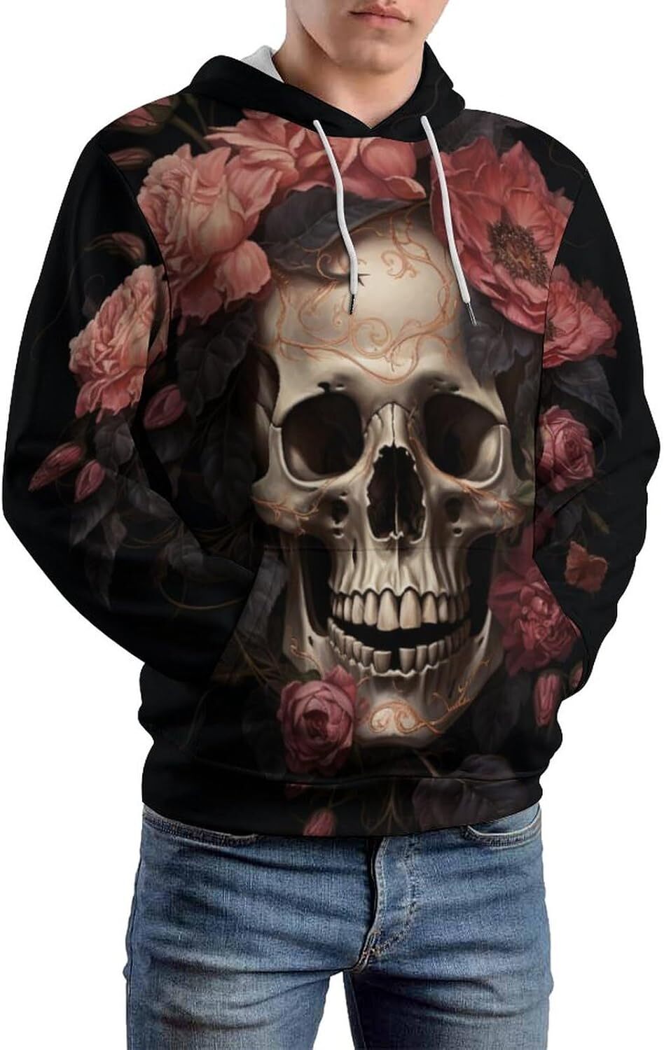 Hoodie for Mens Womens Skull with Rose Graphic Novelty Hoodies Casual Pullover for Men Women Graphic Hoodies sweatshirt Pullover Long Sleeve Warm