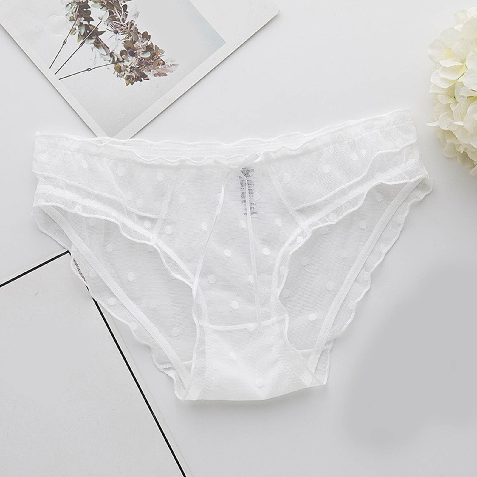 2025 New designer polka dot lace mesh fringe underwear low waist trend breathable underwear plain women s color
