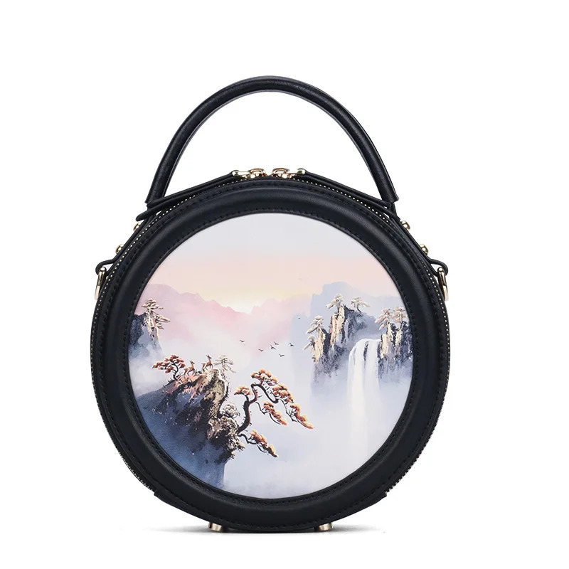 Women Bags y High Quality ner Handbag Genuine Leather Bag Embroidery Round Real Cowhide 241021