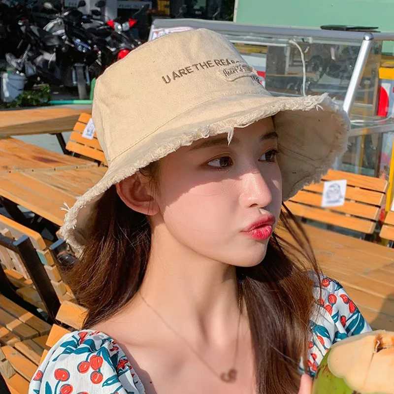 Female Fishermans Hat Canvas Sunshade Letter Patch Tassel Caps for Women Fashion Solid Color Hat for VacationX241025