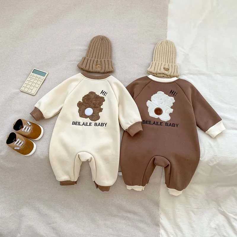 Baby Newborn Rompers Bear Embroidery Jumpsuit Super Cute Boys Plus Velvet Crler Suit Infant Autumn Winter Clothes 2024XJ241025