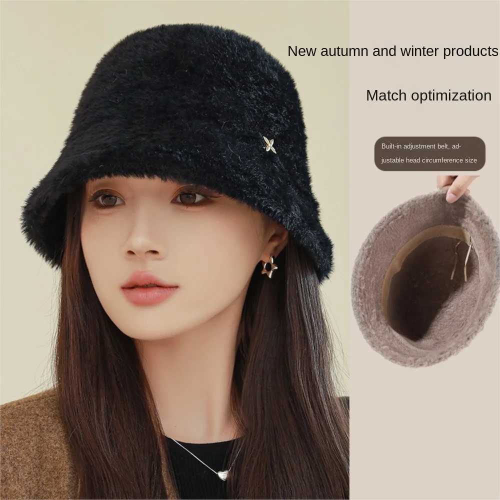 Hats Premium Exquisite Four Pointed Star Mink Velvet Bucket Cap Autumn Winter New Elegant Versatile Warm Fisherman HatsX241025