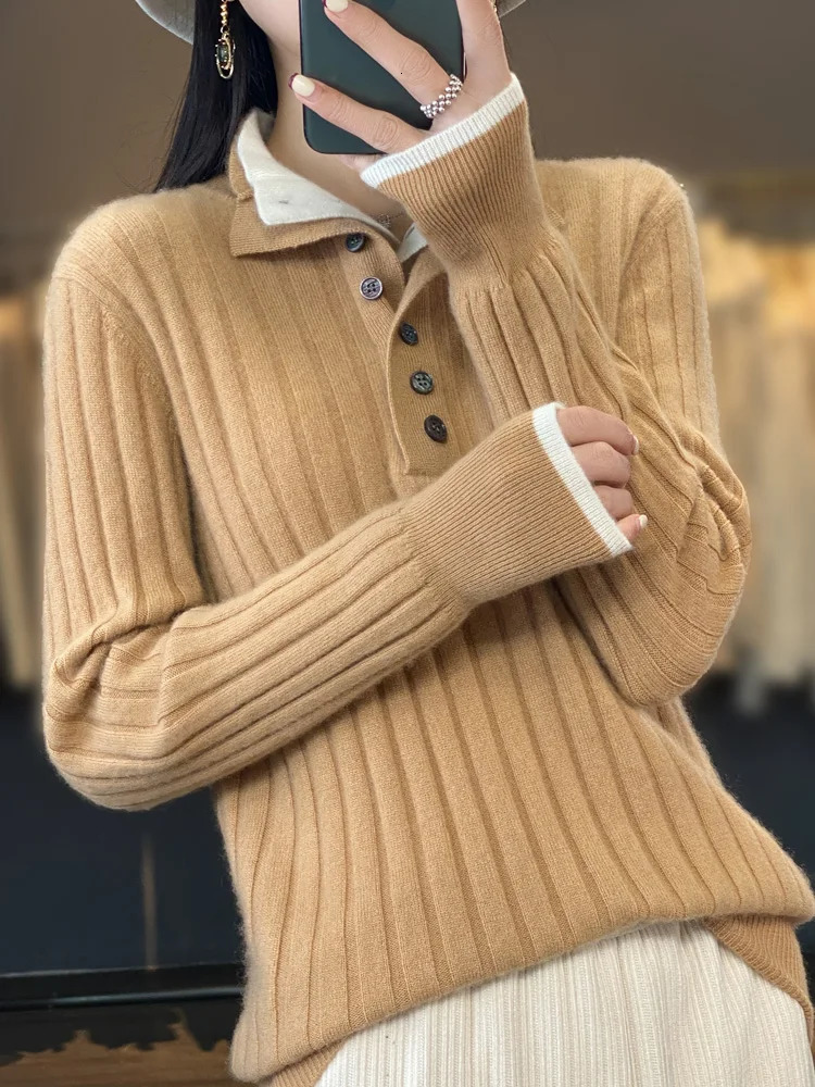 High Quality Women Autumn Winter Casual Turndown Collar Pullover Cashmere Sweater 100% Merino Wool Knitwear Clothing Tops 241021