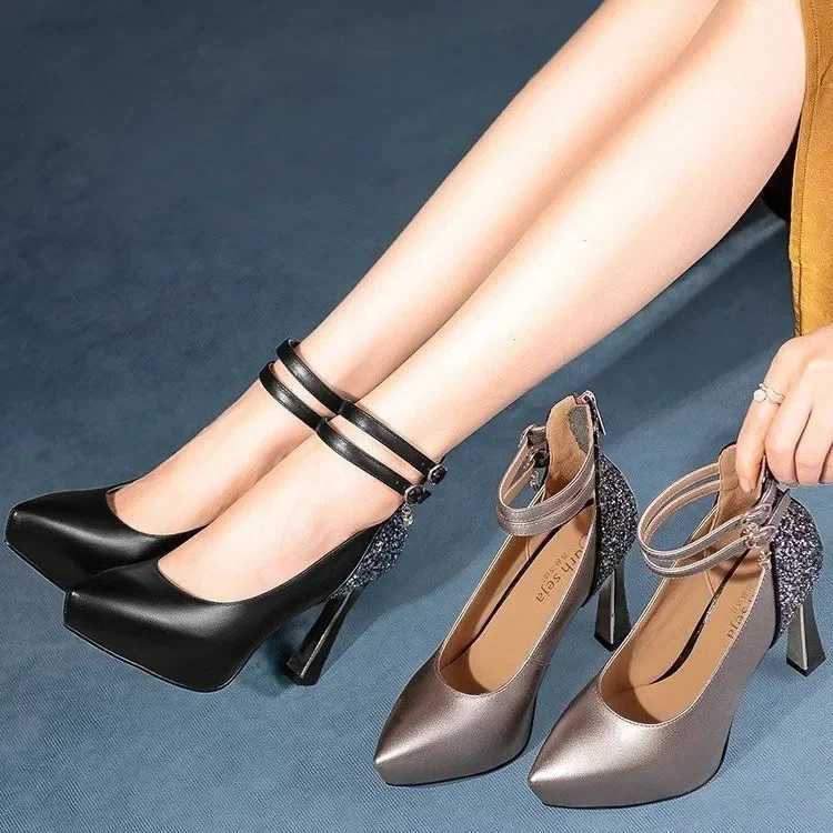 High Quality Rhine Diamd Single Shoes Spring New Black Leather Shoes Waterproof Platform High Heels 10cm Large Womens Shoes 34-43 T241024