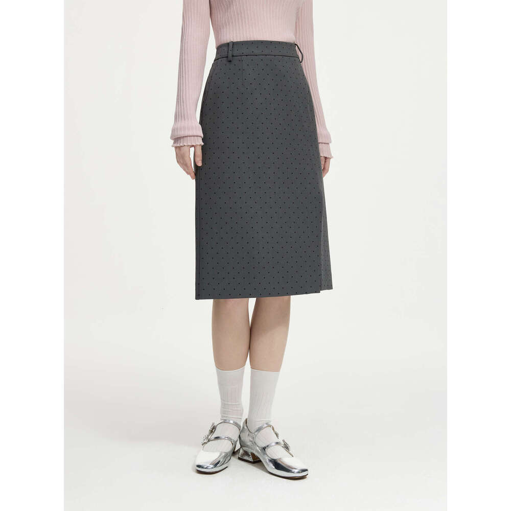FSLE Women Grey Dot Skirts High Waist Knee-Length A-E Slit Design Asymmetric Female Winter Commuter Skirt 24Fs14554