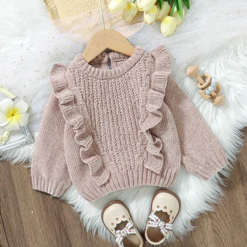 Suefenskry baby girl sweater long sleeved crew collar with ruffled edges solid color winter warm knit floral top baby knit dress W241025