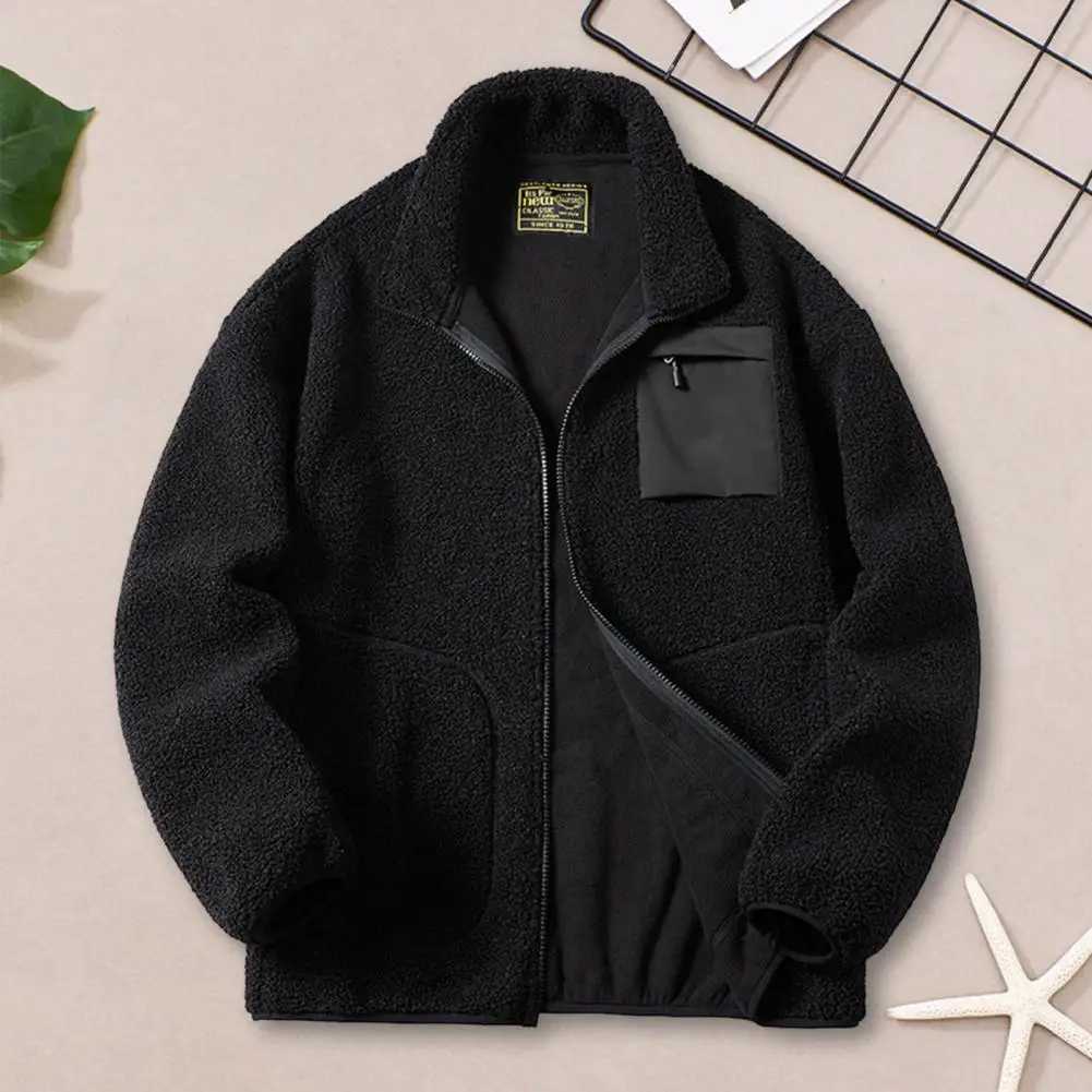 Artificial Lambswool jacket autumn zipper plaid collar long sleeved jacket with pockets W241024