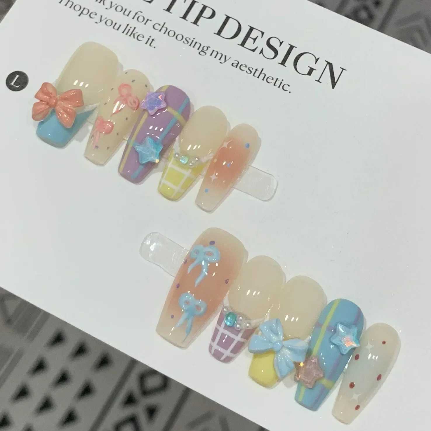 10Pcs Handmade Press On Nails Pink Fake Nails 3D Love Heart Moon Butterfly Rhinestone Design Y2k False Nail Full Cover Nail TipsXJ241025