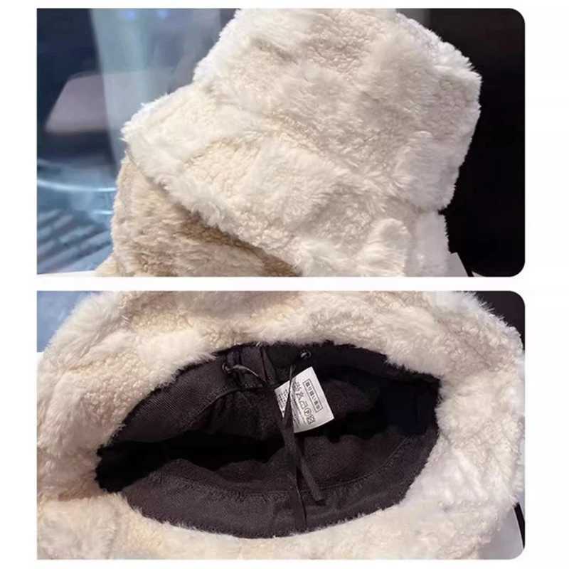 NEW-Checkered Bucket Hat Plush Adjustable Bucket Hat Furry Warm Fisherman Hat For Men Women For Winter SpringX241025