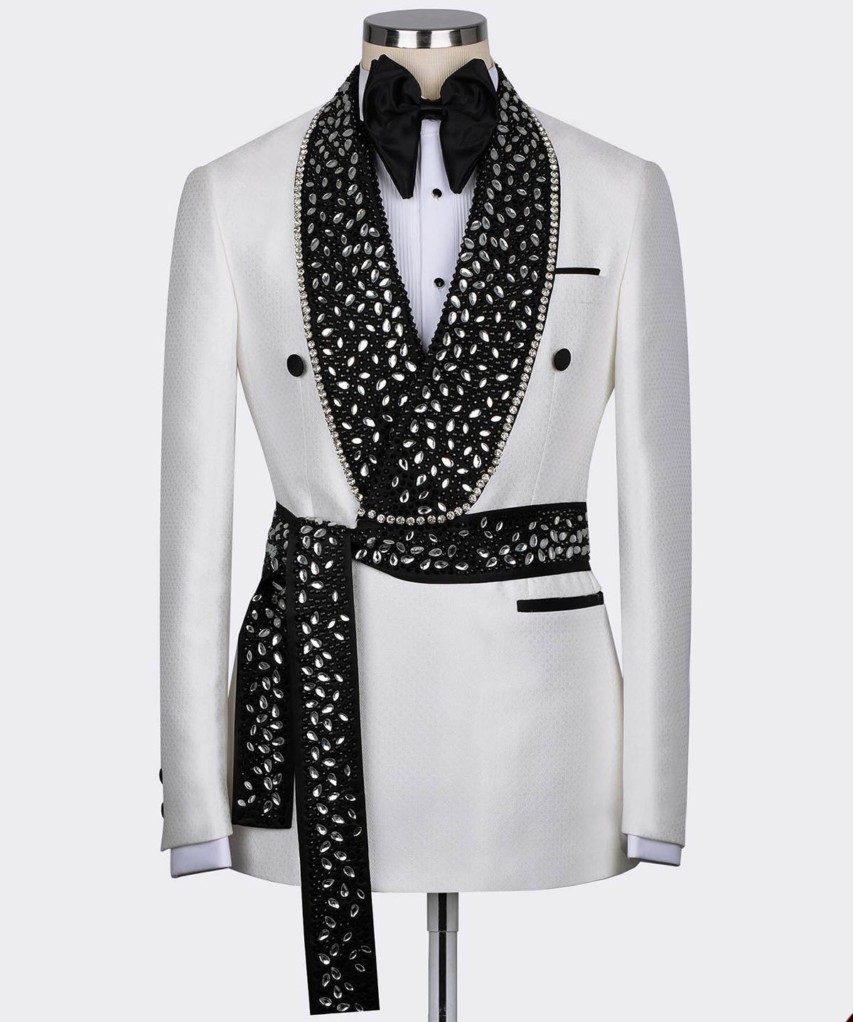 Beading Men Wedding Tuxedos Shawl Lapel Tailored Jacket With Belt Birthday Party Prom Groom Wear One Piece