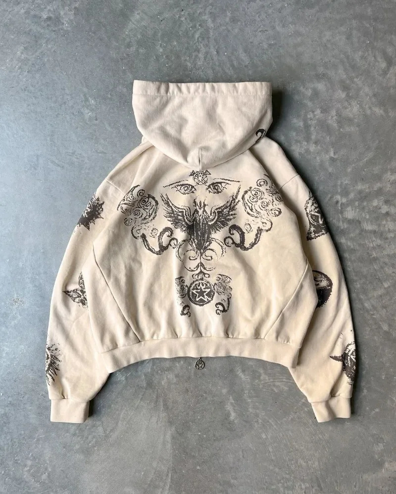 Cartoon Print Fashion High Street Retro Versatile Zipper Hoodie Men Y2k Harajuku Goth Punk Hip Hop Rock Oversized Sweatshirt 241021