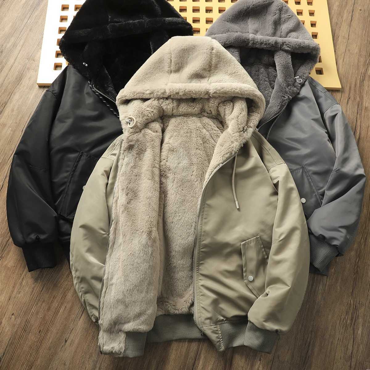 Double sided rabbit plush inner winter mens thick warm bomber jacket light luxury cashmere padded coat unisex hooded park W241024