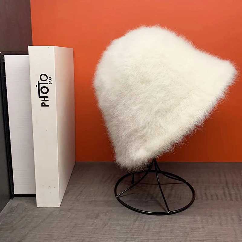 Autumn Winter New Rabbit Fur Bucker Hat for Women Rabbit Fur Korean Versatile Warmth Soft Fisherman Cap Japanese Plush Basin HatX241025