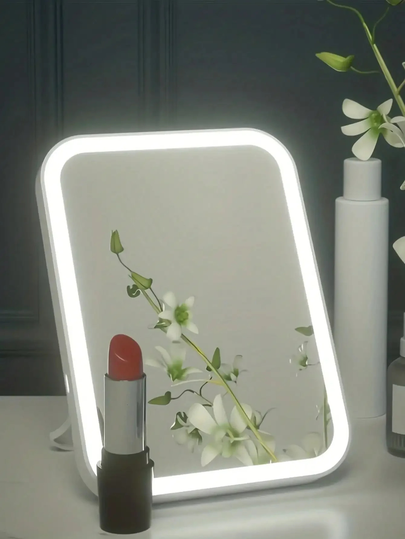 LED portable desktop dormitory makeup mirror with light square student folding powered by USB or 4 AA dry batteries 241024
