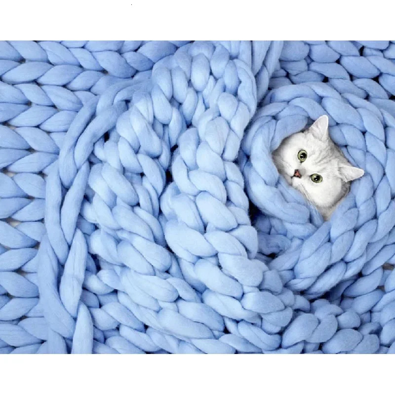 2024 Chunky Merino Wool Blankets Stitch Thick Large Yarn Roving Knitted Blanket Winter Warm Throw Plaid Sofa Bed Decorative 241024