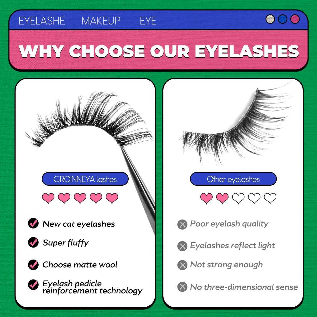 Groinneya 5 pairs of cat eye eyelashes artificial mink eyelashes transparent band eyelashes natural appearance Wispy mink eyelashes full eyelashesW241