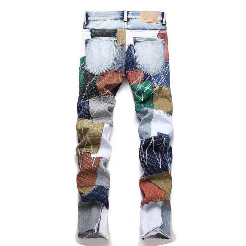 Men's Jeans Irregular Splicing Rainbow Jeans Mens Embroidered Denim Pants Lightning Thread Cat Beard Street Fashion Zipper Patch Q241024