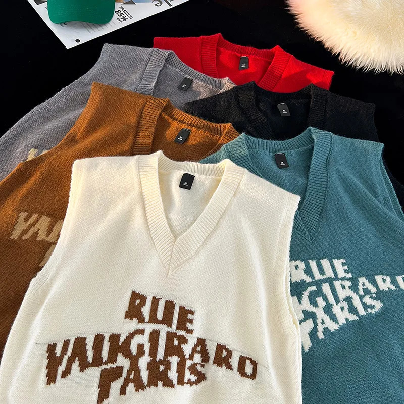 Mens Letter Sweater Vest VNeck Sleeveless Preppy Style Fashion Campus Pullovers Classic Fit Tank Tops 241025