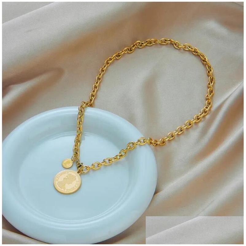 18K Gold Portrait Coin Necklace Designer Stainless Steel Chain Collar Woman Fashion Luxury Gift Drop Delivery Pendants Otzuz