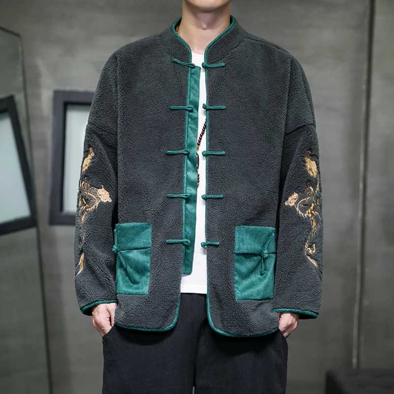 2023 autumn winter mens cashmere cotton padded jacket mens dragon embroidery Parkasmens warm velvet coat Chinese style Parkas W241024