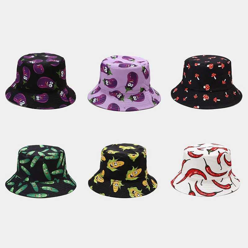Vegetables Print Bucket Hats Women Mens Panama Hat Double-sided Foldable Summer Cap Hamburger Pepper Tomatoes Graffiti Sun HatX241025