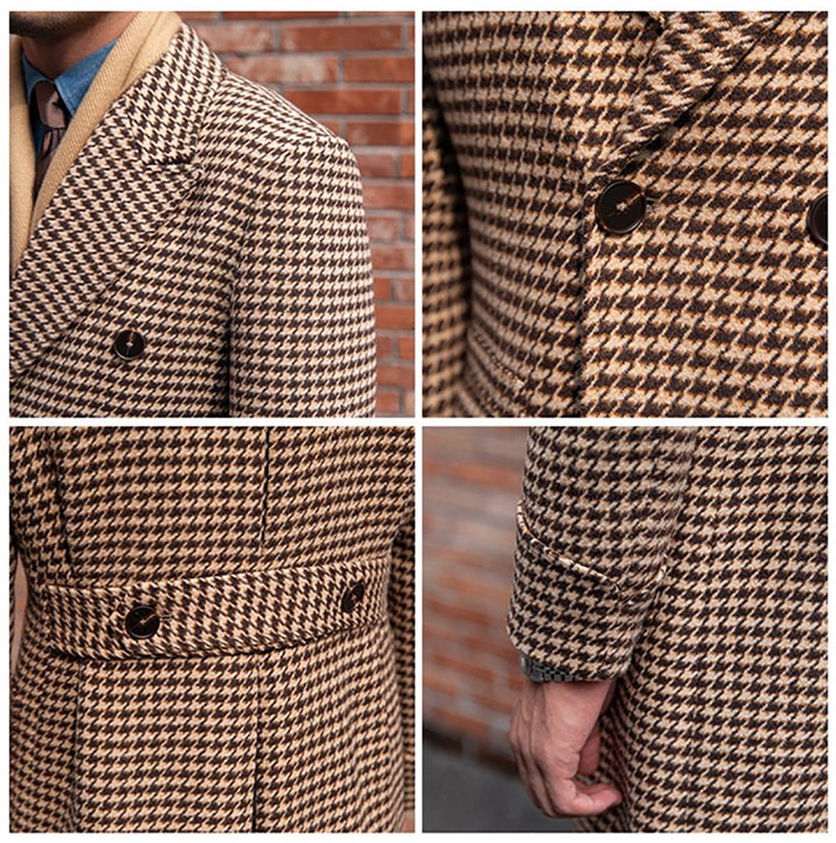 Vintage Men's Overcoat Peaked Lapel Tailored Wool Blend Jacket Blazer Houndstooth Autumn Winter Double Breasted Plus Size Windbreaker Custom Made