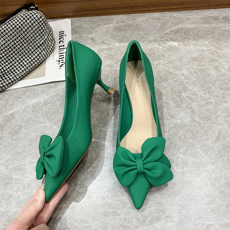 Black toe high-heeled shoes for women pump small size bow decoration thin high-heeled shoes for brides Laides Sapatos Femininos 241024
