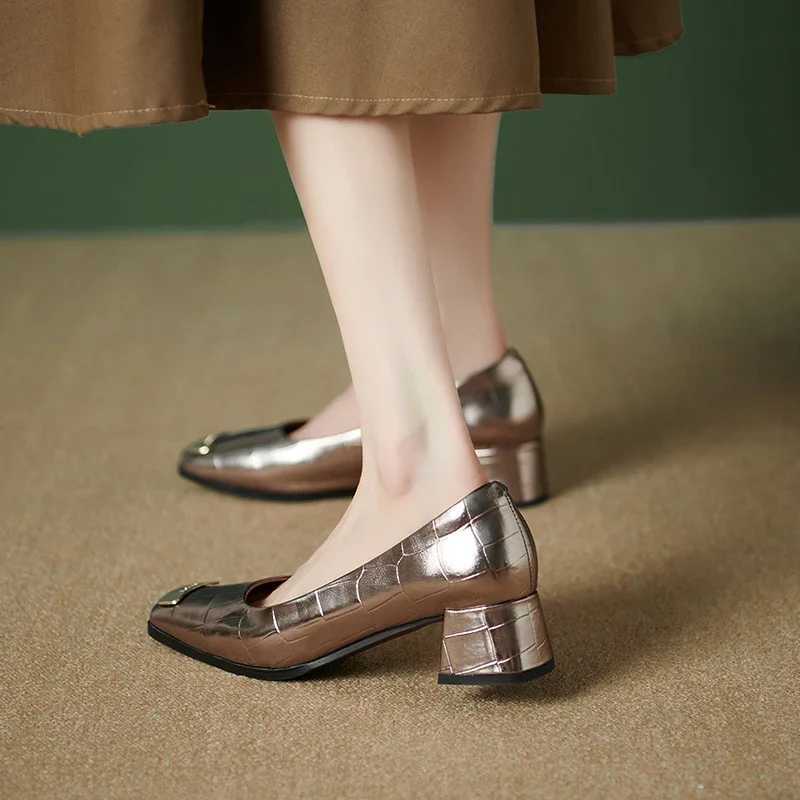 High Quality Autumn New Fi Shallow Mouth Square Head Metal Square Buckle Low Heel Sliding Block - Mary Jane Shoes T241024