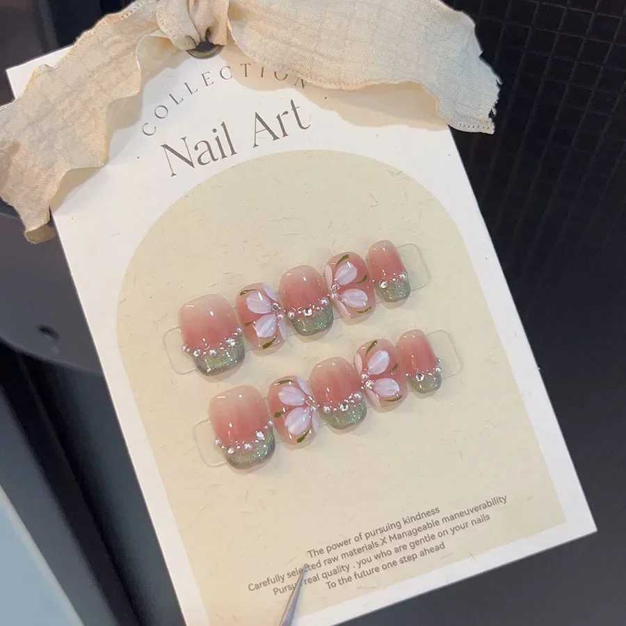 10Pcs French Handmade Press on Nails Flower Fake Nails Short Wearable Stick-on Nails Full Cover False Nail Uas Postizas XJ241025