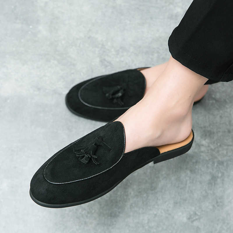 Men Dress Shoes Summer Half Dragged Small Leather Shoes Breathable Mens Tassel Casual Shoes One Step Lazy Shoes Korean Edition Cool 241009