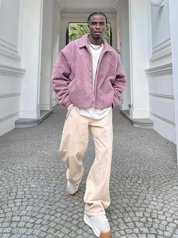 Mens Fashion Casual Teddy Velvet Jacket Autumn Loose Collar Single Chest Warm Coat 2024 Mens Pocket Thick Cashmere Coat W241024