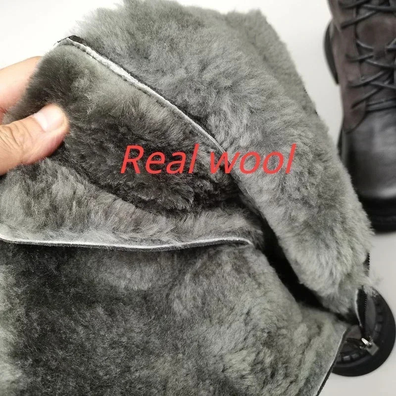 Knight Genuine Leather Real Wool Women's Knee-High Sheepskin Fur Anti Slip Thick Cotton Warm Lace Up Long Boots 3337 241110