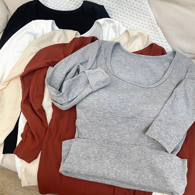 Autumn Winter Long Sleeve Base Shirt Women Versatile with Built-in Chest Pad Bra Slim Fit T-Shirt Female Bottom Casual Tops 241024