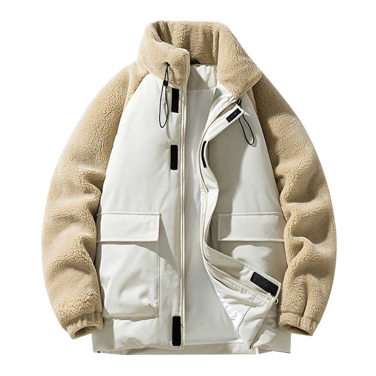 Mens winter down jacket zipper lamb wool cotton padded jacket splicing frame collar long sleeve fashionable thick jacket W241024