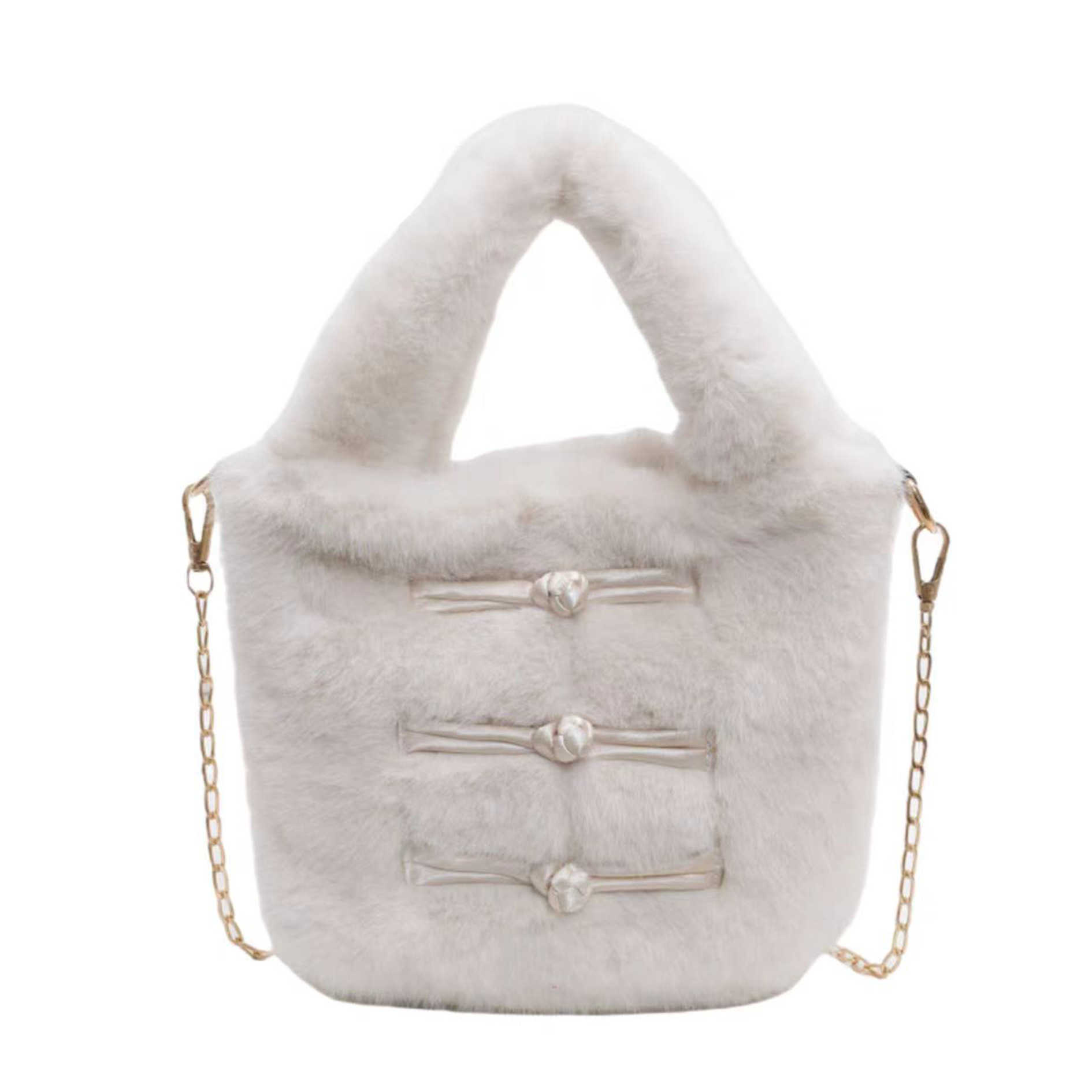 Chinese style furry small bag women fashionable hand-held bucket bag autumn plush chain crossbody bag 241015
