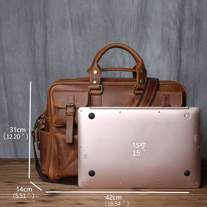 Retro Men's Handbag Top Layer Cowhide Briefcase Large Capacity Travel Crazy Horse Leather Laptop Shoulder Bag NZPJ