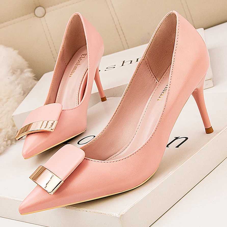 High Quality Womens soft leather toe wedding shoes autumn black womens pump high heels metal buckle Fi womens office shoes T241024