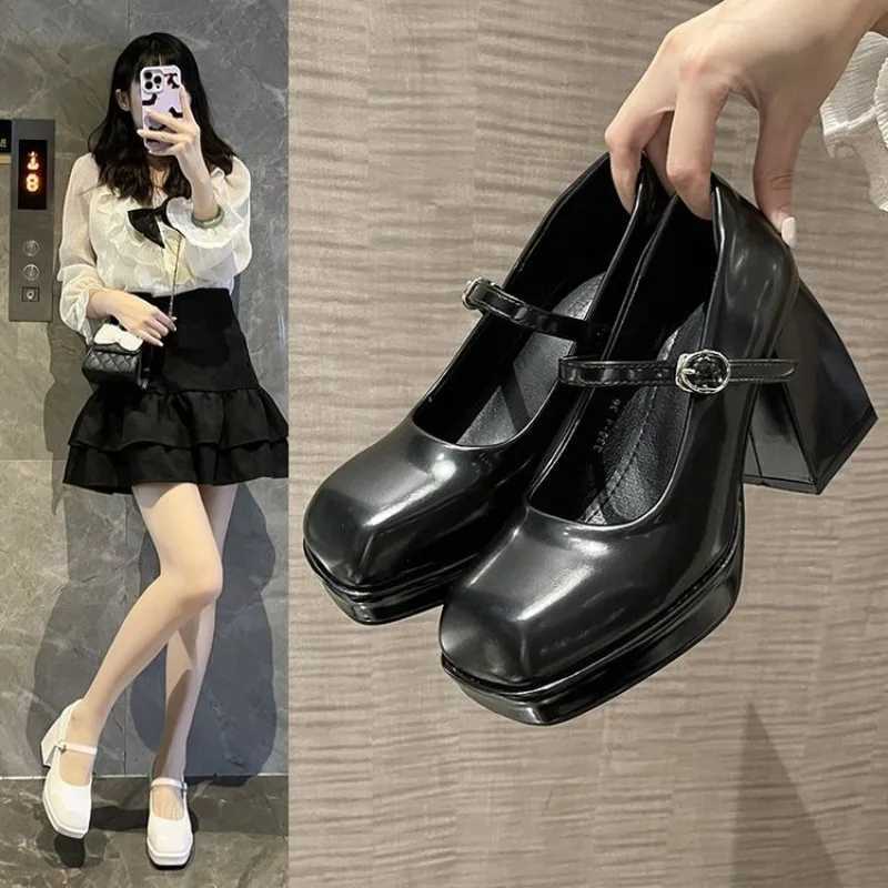 High Quality New design Square toe Universal Buckled leather shoes Mary Jane Womens White Shoes Block heeled high heels for teenagers T241024