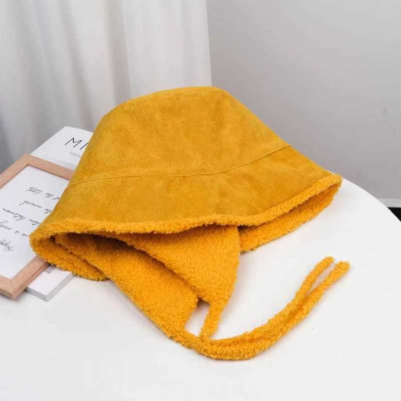 Fashion Winter Women Thick Bucket Hats with Earmuffs Lamb Wool Warm Ear Protector Fisherman Hat Autumn Plush Velvet Panama CapsX241025